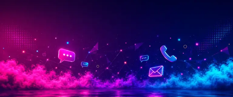 Eine dynamische digitale Darstellung mit schwebenden Kommunikationssymbolen wie Sprechblasen, einem Telefon und einem Brief in leuchtendem Neonlicht über einem dunklen Hintergrund mit pinkfarbenem und blauem Rauch.