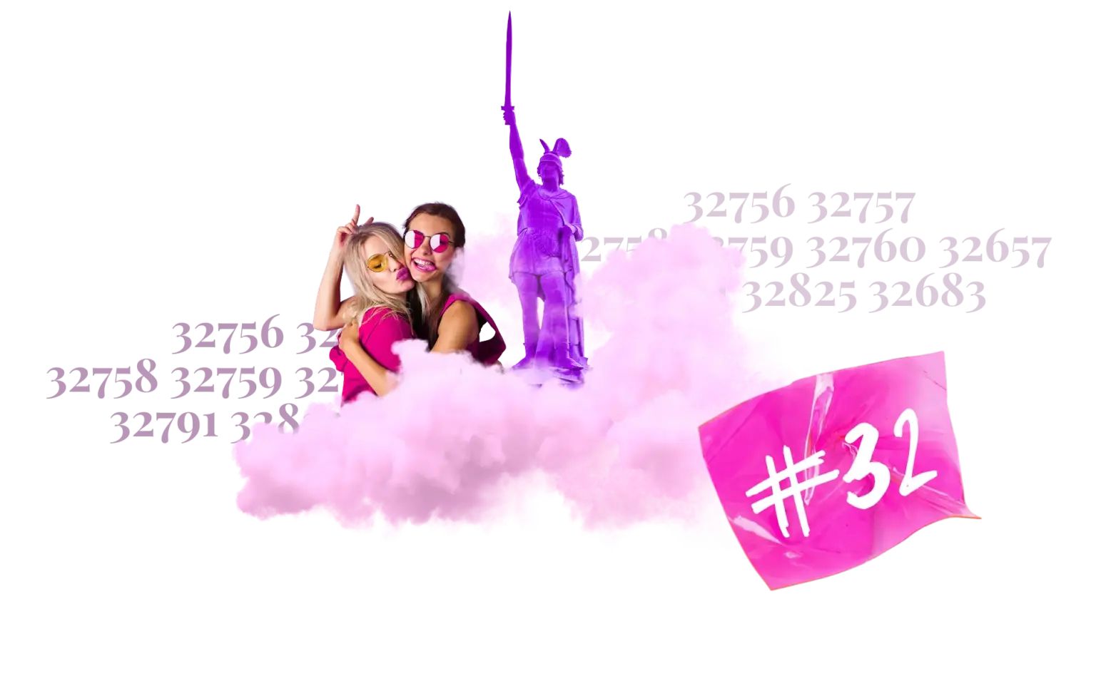 Zwei Frauen lächeln nebeneinander auf rosa Wolken vor schwarzem Hintergrund, umgeben von lila Ziffern und einer rosa Figur, mit einem rosa Schild mit der Nummer 32.