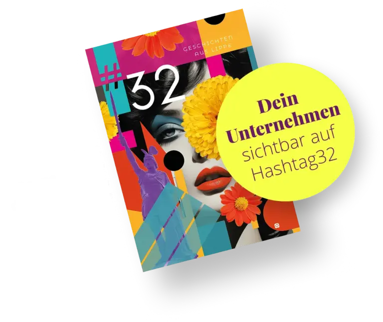 Magazincover mit farbenfrohen Grafiken, einer Frau und blauen Blüten. Gelber Kreis mit Text: 'Dein Unternehmen sichtbar auf Hashtag32'.