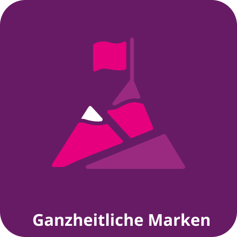 Ein Logo mit dem Text "Ganzheitliche Marken" zeigt einen Berg mit einer Flagge auf dem Gipfel in Lila- und Pinktönen.