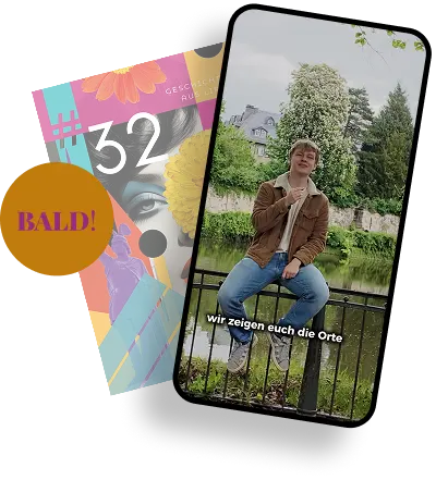 Smartphone mit einem Video eines jungen Mannes, der auf einem Geländer am Wasser sitzt, neben einer Kunstzeitschrift mit der Nummer 32 und einem gelben Kreis mit der Aufschrift 'BALD!'